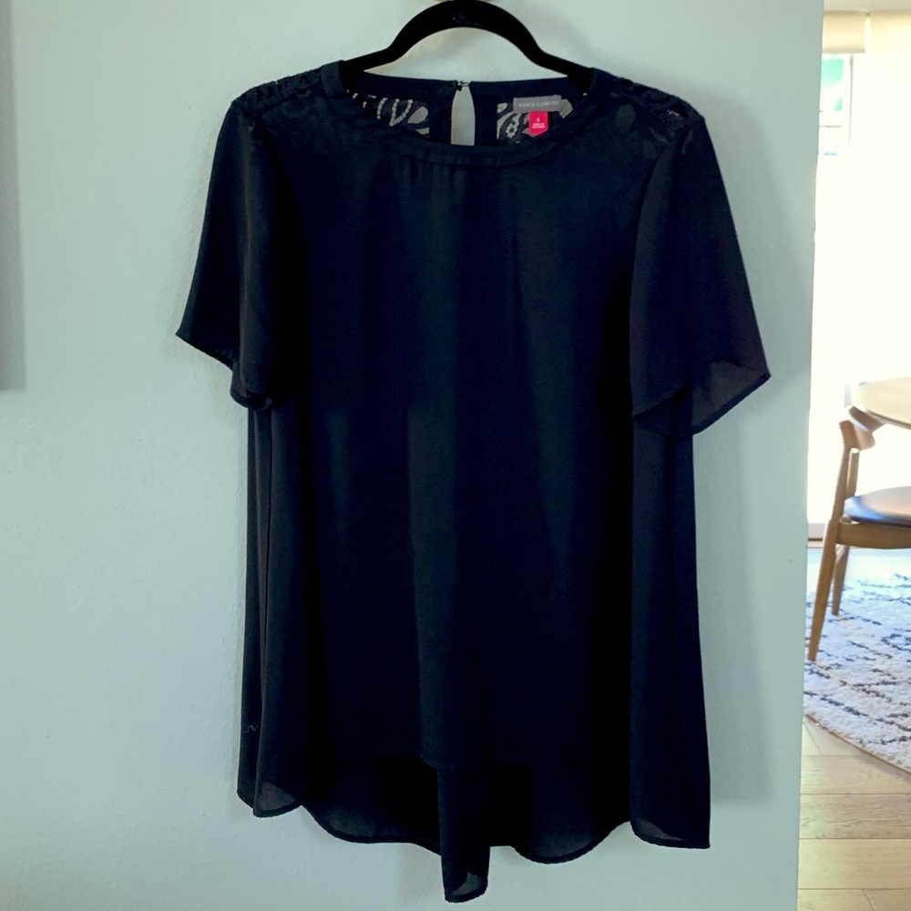 Black Vince Camuto Short Sleeve Blouse with Lace Detail